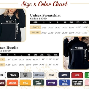 May include: Size and colour chart for unisex sweatshirts and hoodies. The chart includes measurements for length and width in inches for sizes S through 5XL. Colour options include white, black, sport grey, light blue, sand, navy, red, and more.