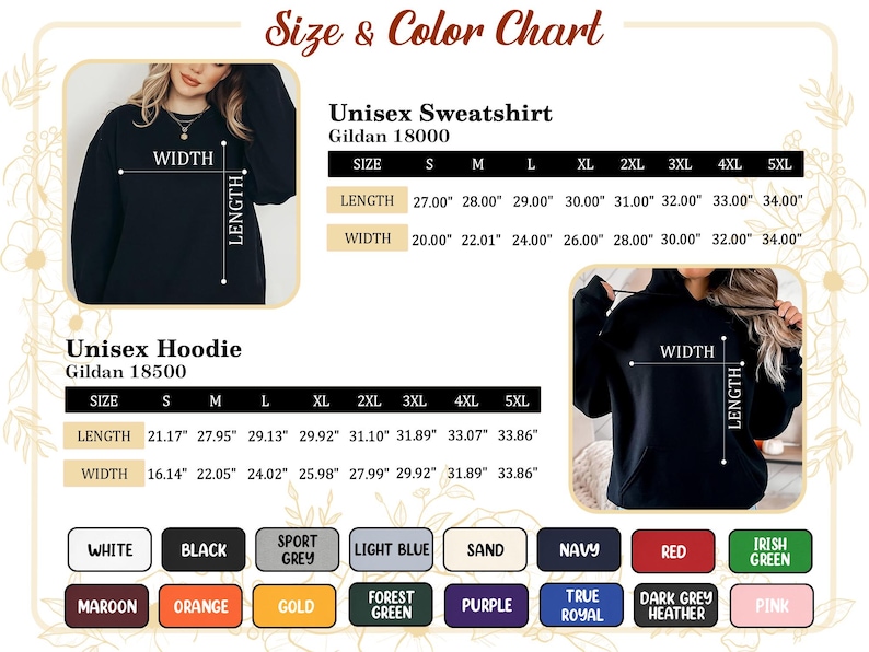 May include: Size and colour chart for unisex sweatshirts and hoodies. The chart includes measurements for length and width in inches for sizes S through 5XL. Colour options include white, black, sport grey, light blue, sand, navy, red, and more.