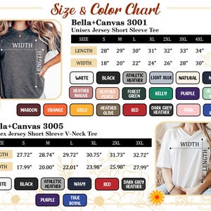May include: Size and colour chart for Bella+Canvas unisex short sleeve tees. Includes measurements for length and width in inches, and colour options such as white, black, navy, and red. Also includes V-neck tee measurements.