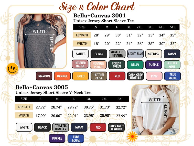 May include: Size and colour chart for Bella+Canvas unisex short sleeve tees. Includes measurements for length and width in inches, and colour options such as white, black, navy, and red. Also includes V-neck tee measurements.