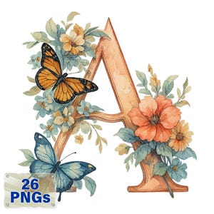 Peut inclure: Illustration à l'aquarelle de la lettre « A » ornée de papillons orange et bleus, de fleurs couleur pêche et de verdure délicate. Le design comprend le texte « 26 PNG » dans une bannière en bas, parfait pour les projets d'art numérique.
