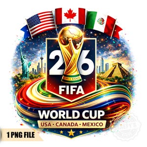 May include: A vibrant graphic for the FIFA World Cup 26, featuring the trophy, flags of the USA, Canada, and Mexico, and iconic landmarks. The design includes the Statue of Liberty, a cityscape, and a pyramid, with the text "WORLD CUP USA CANADA MEXICO".