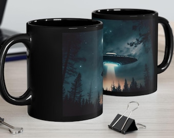 UFO Abduction Scene Mug - Black Ceramic Coffee Cup - 2 Sizes