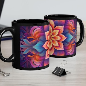 Taza negra con mandala floral vibrante - Diseño de loto colorido - Varias opciones