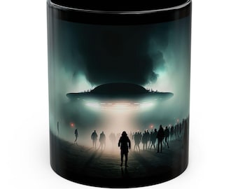 UFO Abduction Scene Mug - Black Ceramic Coffee Cup - 2 Sizes