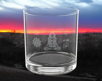 Yoga Lotus Meditation Design Whiskey Glass - 10.5oz Engraved