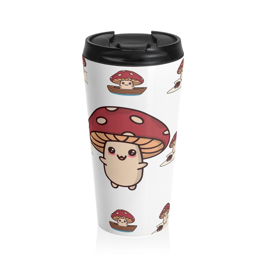 Kawaii Mushroom Travel Mug - Cute Fungi Pattern Stainless Steel - Add ...