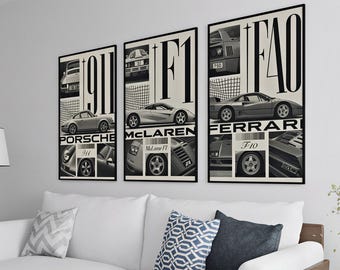 Porsche 911 Ferrari F40 McLaren F1 Poster Set, Vintage Supercar Wall Art, Digital Download, Garage Decor, Car Enthusiast Gift