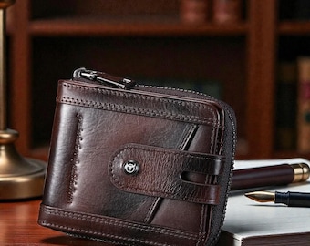 Prawdziwy skórzany męski portfel składany na pół: Portmonetka na monety z zamkiem RFID