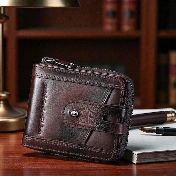 Genuine Leather Mens Bifold Wallet: RFID Zip Coin Purse