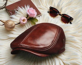 Genuine Leather Newsboy Cap - Classic Flat Hat for Men