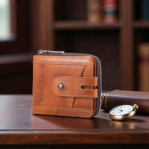 May include: A brown leather wallet with a zipper closure and a snap closure. The wallet has a stitched design and a small metal emblem on the snap. A gold pocket watch is next to the wallet.