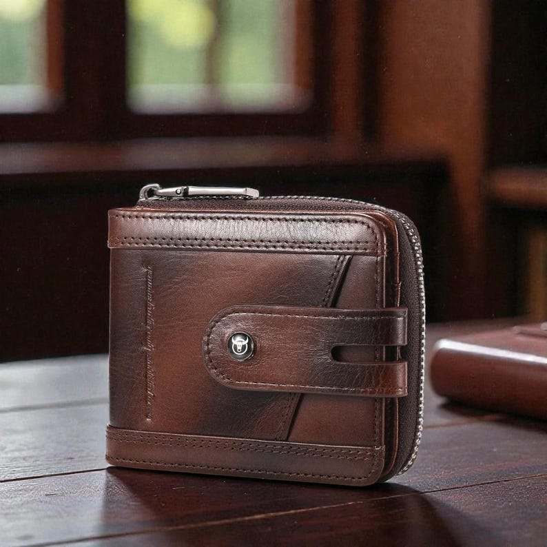 May include: A brown leather wallet with a zipper closure and a snap closure. The wallet has a textured surface and a metal emblem on the front. The wallet is rectangular and appears to be new.