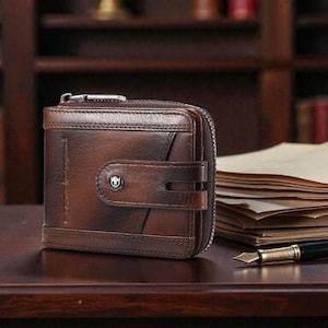 May include: A brown leather wallet with a zipper closure and a snap closure. The wallet has a small metal emblem on the front and is sitting on a dark wooden surface. A pen and paper are in the background.