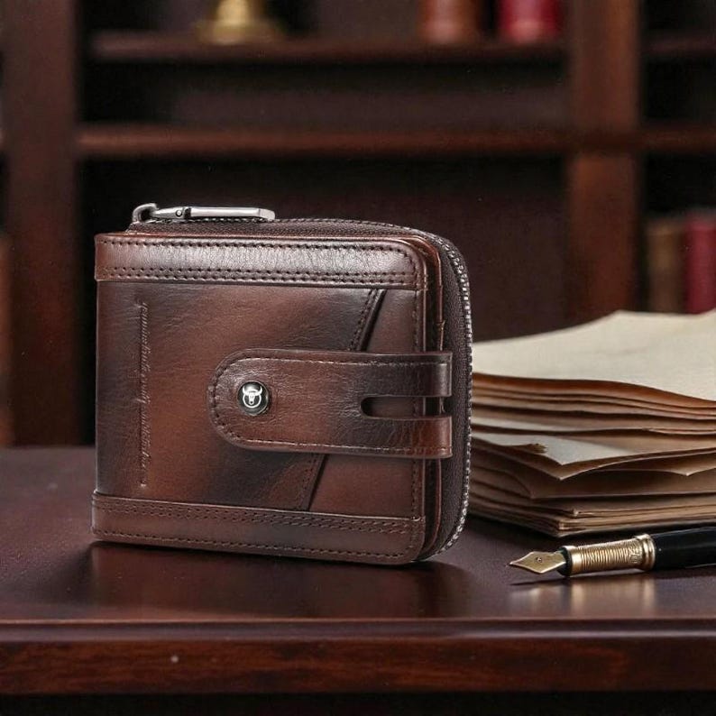 May include: A brown leather wallet with a zipper closure and a snap closure. The wallet has a small metal emblem on the front and is sitting on a dark wooden surface. A pen and paper are in the background.