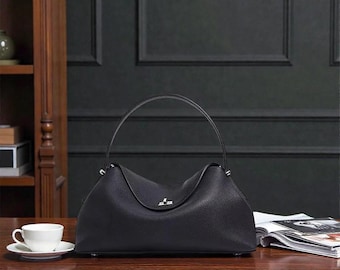 Cowhide Leather Shoulder Bag: Black Tote Handbag, Crossbody Style