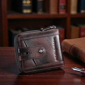 May include: A brown leather wallet with a zipper closure and a snap closure. The wallet has a textured surface and visible stitching. The background includes a wooden surface and a blurred bookshelf.