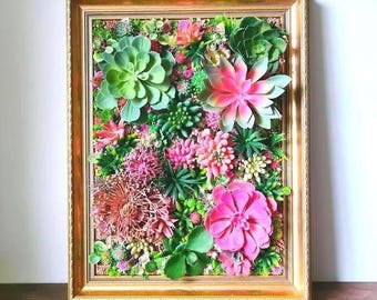 Faux Succulent 3D Wall Art: Rustic Upcycled Vintage Frame – 1 day dispatch