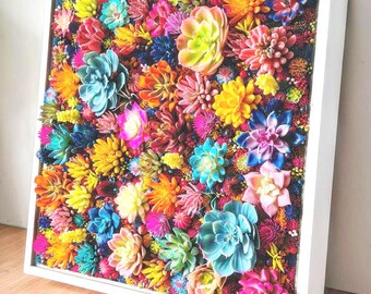 Faux Succulent Vibrant 3D Wall Art in White Chunky Frame – 1 day dispatch