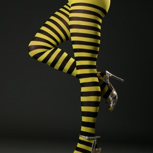 Black and Yellow Tights - Striped Nylon Bumble Bee Stretch Pantyhose S