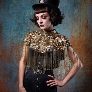 1920 Gold Embellished Beaded Great Gatsby Cape Fringe Top