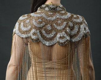 1920 Style Long Gold Embellished Beaded Art Deco Gatsby Fringe Top