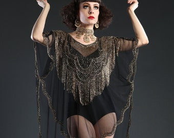 Cropped Deco Black Sheer Beaded Kaftan