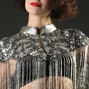 1920 Silver Embellished Beaded Great Gatsby Cape Fringe Top