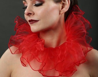 Red Circus Clown Neck Ruff Costume in Organza ~ Womans and Mens Ruffle Collar