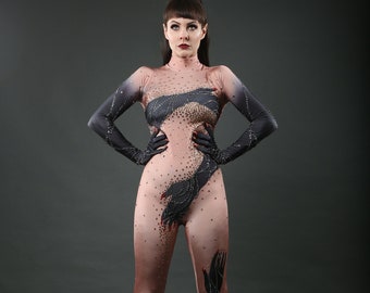 Glove Hands Full Body Rhinestone Unitard Leotard Catsuit