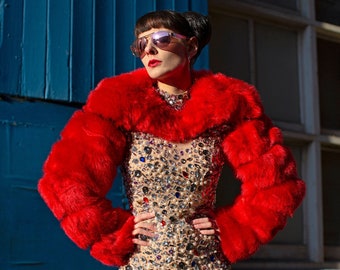 red patchwork fuzzy hooded coat