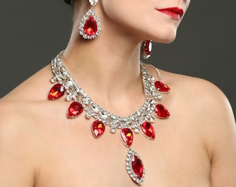 Silver & Red Gem Showgirl Necklace and Earring Set