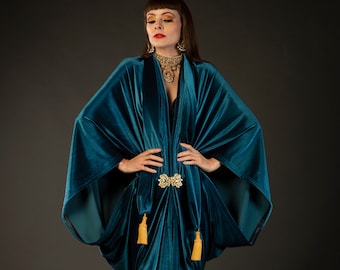 Teal 1920's Velvet Great Gatsby Dress - Floor length flapper Dress Cocoon coat