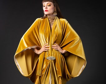 Mustard 1920's Velvet Great Gatsby Dress - Floor length flapper Dress Cocoon coat