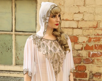 White Sheer Beaded Kaftan with Hood