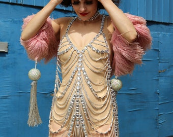 Silver Chain 1920's Flapper Gem Dress