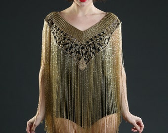 1920 Style Long Gold Embellished Beaded Great Gatsby Cape Fringe Top