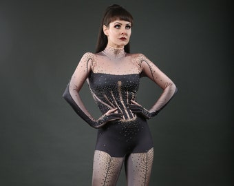 Burlesque Showgirl Full Body Rhinestone Unitard Leotard Catsuit