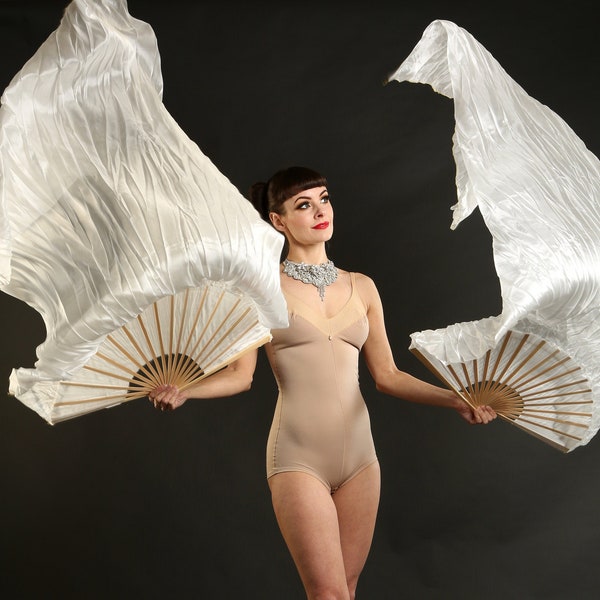Pair of White silk veil Fans ~ for belly dance burlesque and circus Costume