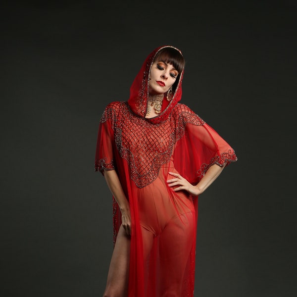 Red Sheer Beaded Kaftan with Hood