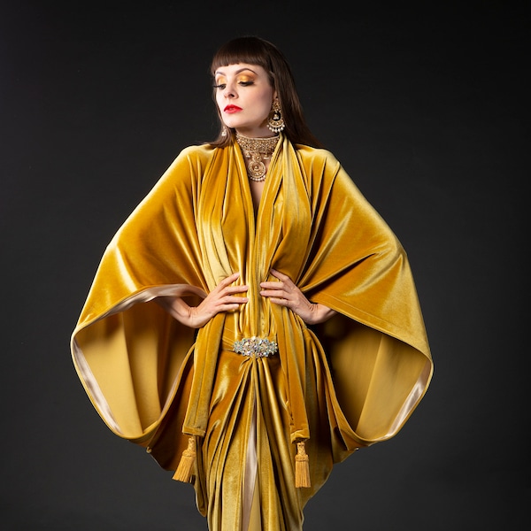 Mustard 1920's Velvet Great Gatsby Dress - Floor length flapper Dress Cocoon coat