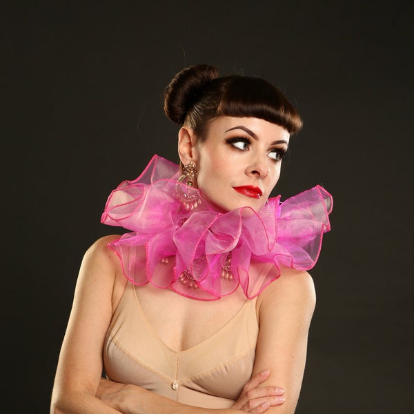 Hot Pink Circus Clown Neck Ruff Costume in Organza ~ Womans and Mens Ruffle Collar