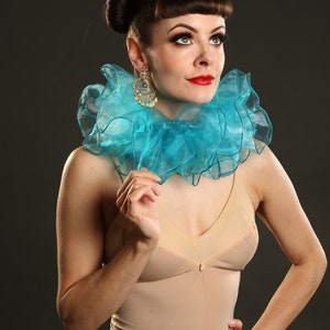 Turquoise Circus Clown Neck Ruff Costume in Organza Womans and Mens Ruffle Collar image 1