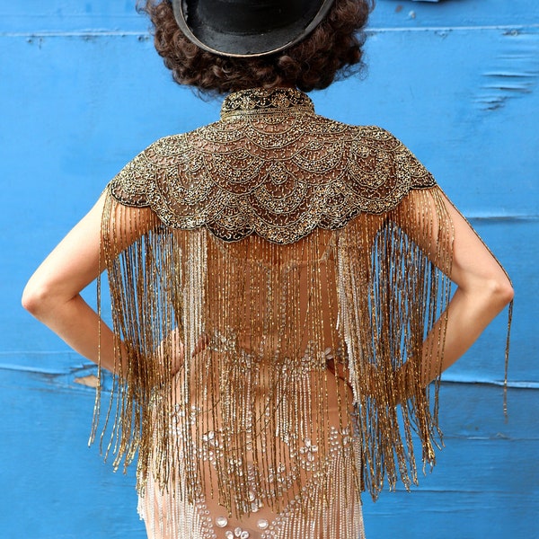 1920 Style Long Gold Bronze Embellished Beaded Art Deco Gatsby Fringe Top