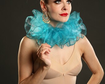 Turquoise Circus Clown Neck Ruff Costume en Organza ~ Collier à volants pour femmes et hommes