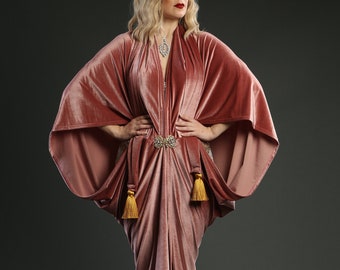 Blush Pink 1920's Velvet Great Gatsby Dress - Floor length flapper Dress Cocoon robe