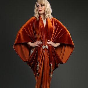 Orange 1920's Velvet Great Gatsby Dress - Floor length flapper Dress Cocoon coat