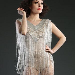 1920 Style Long Silver Embellished Beaded Great Gatsby Cape Fringe Top