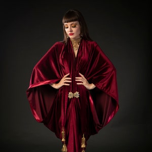 Red stretch velvet great gatsby 1920's art deco flapper robe dress vintage fashion, rerpoduction gown with gold tassels and crystal clasp, made to order in a large range of sizes and heights