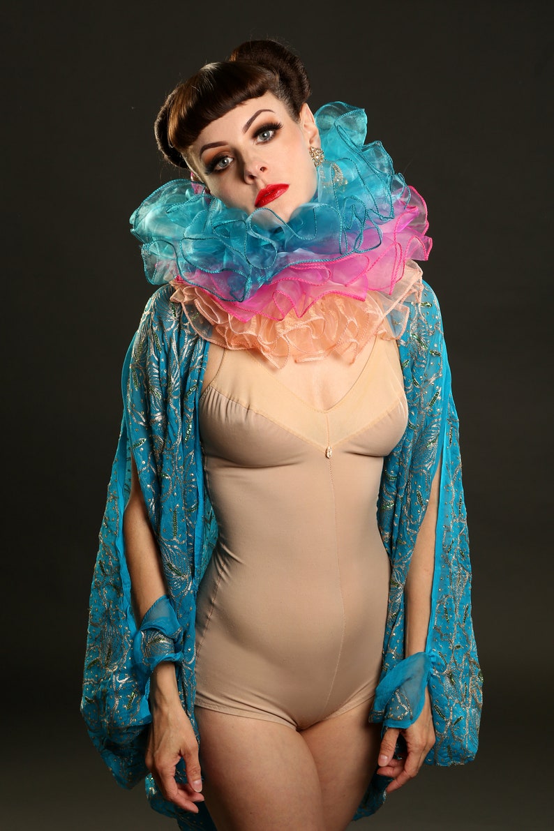 Turquoise Circus Clown Neck Ruff Costume in Organza Womans and Mens Ruffle Collar image 3